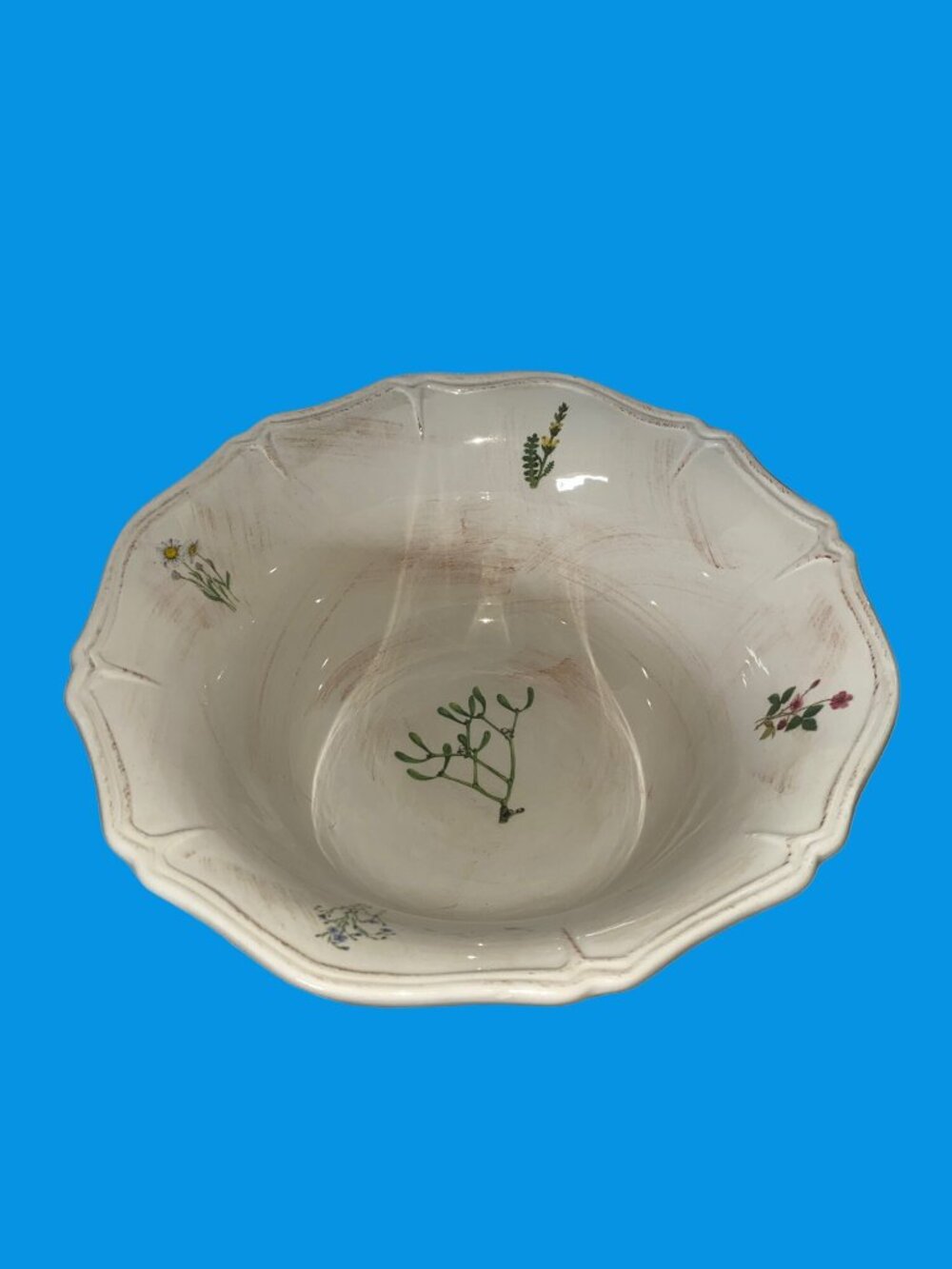 VINTAGE Loucarte Portugal Floral Scalloped 11" Ceramic Serving Bowl White